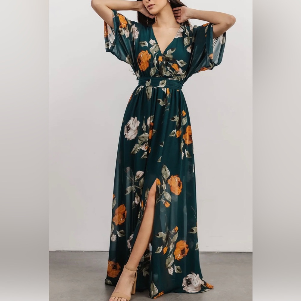 Kia Kimono Maxi Dress by Baltic Born Dark teal green and orange flowers